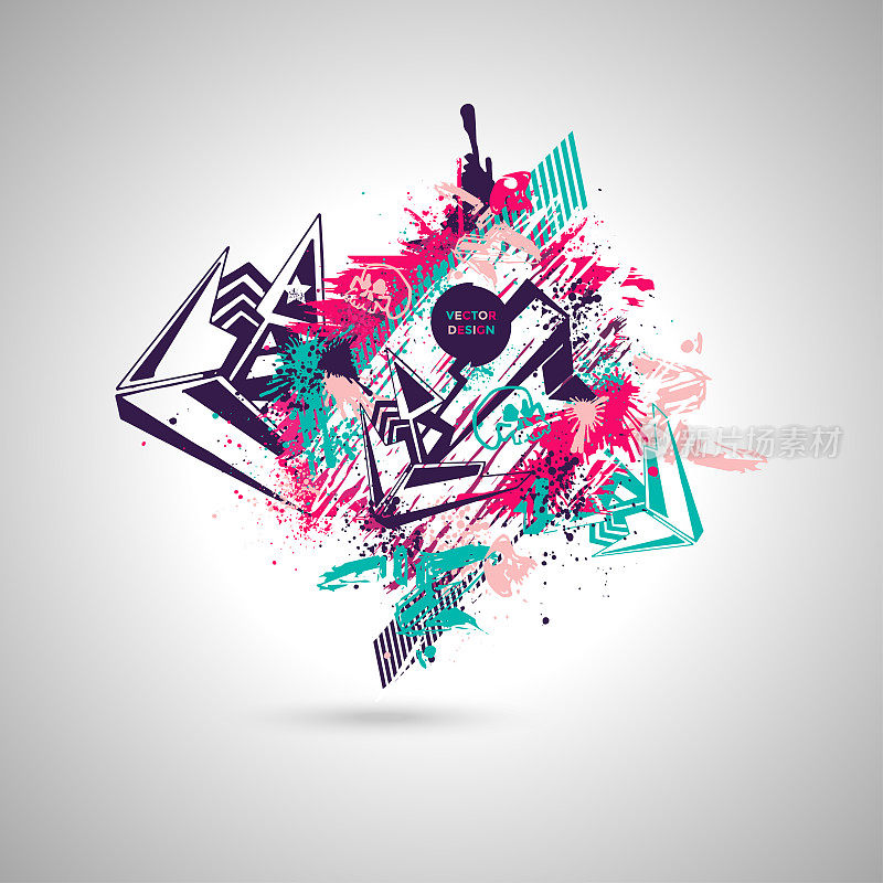 Abstract graffiti background with design elements and skulls, street art design with grunge texture